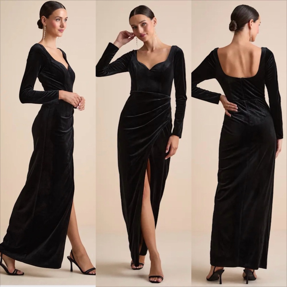 Lulu's Elegant Black Velvet Long Sleeve Dress